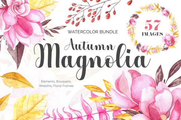 Autumn Magnolia Watercolor Bundel: Premium Illustrations