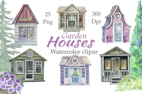 Garden Houses Watercolor Clipart: Soft Illustrations