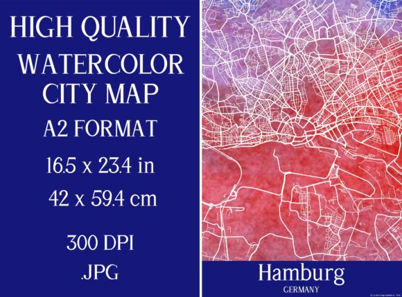 Hamburg Germany Watercolor City Map: Premium Illustrations