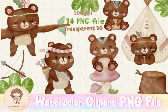 Watercolor Boho Tribal Woodland Bear Illustrations