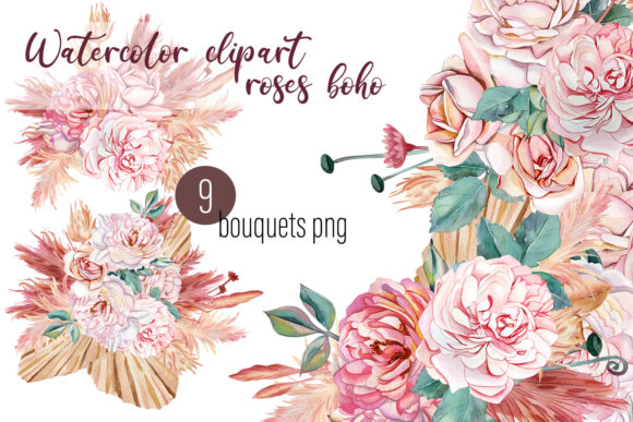 Watercolor Rose Boho Flowers Clipart & Illustrations